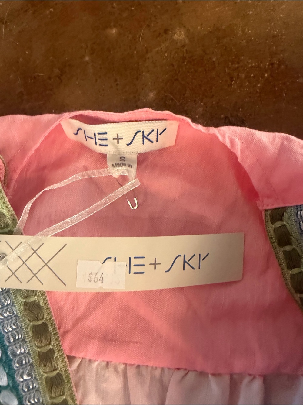 She + Sky Pink Lined Top with Green Trim - Picture 2 of 3